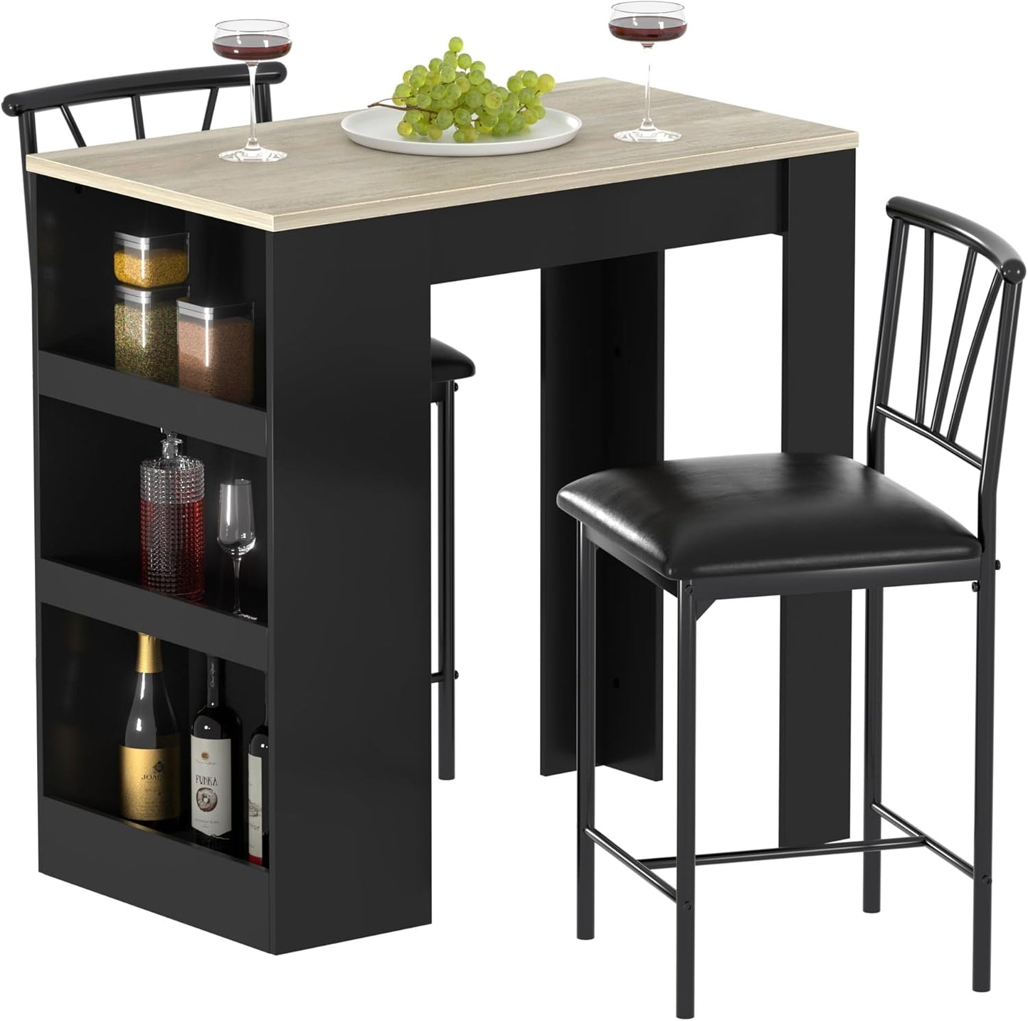 Small Bar Table and Chairs Tall Kitchen Breakfast Nook with Stools/Dining Set for 2, Storage Shelves, Space-Saving, Gray