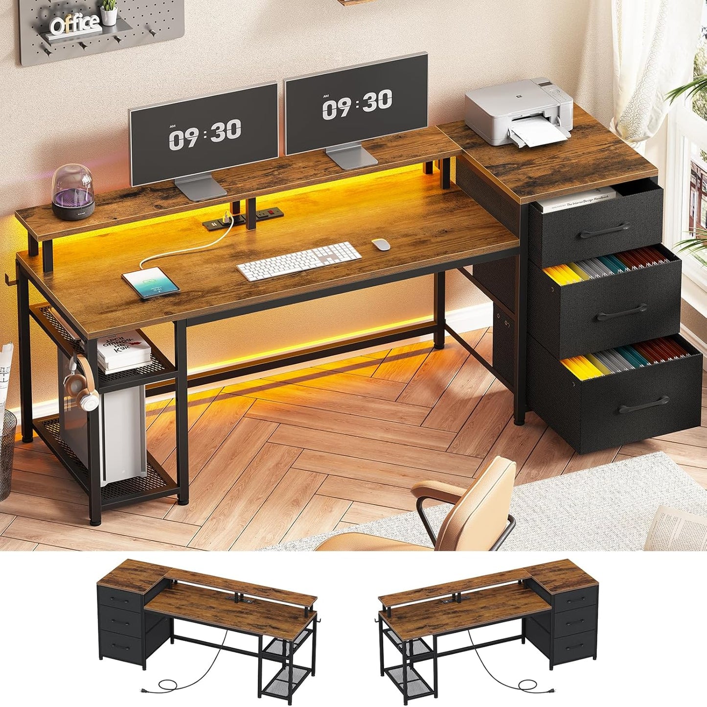 59" Office Desk with Drawers, Reversible Computer Desk with File Drawers & Storage, Gaming Desk with LED Lights & Power Outlet, Home Office Desks for Printer, Rustic Brown