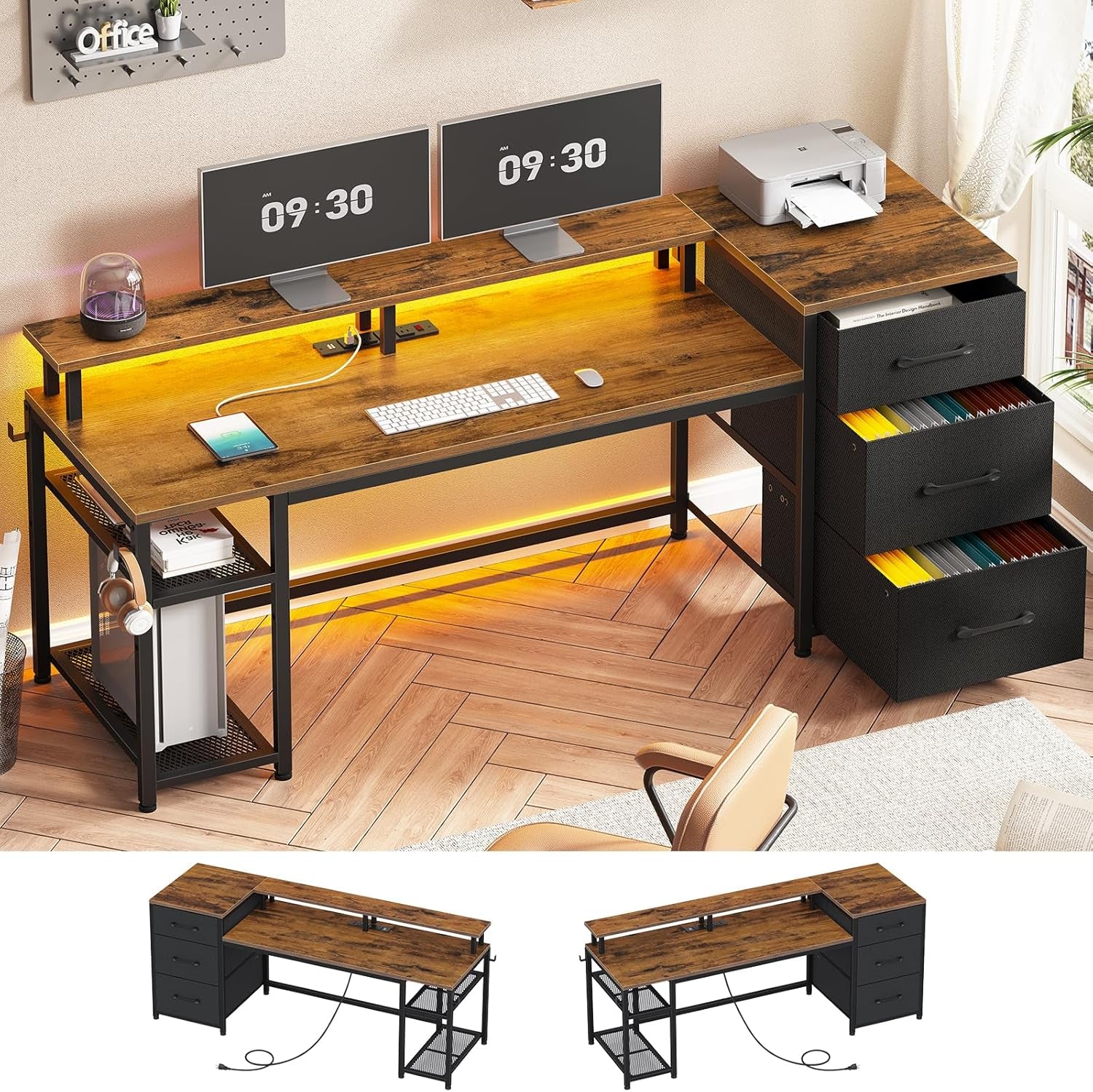 59" Office Desk with Drawers, Reversible Computer Desk with File Drawers & Storage, Gaming Desk with LED Lights & Power Outlet, Home Office Desks for Printer, Rustic Brown