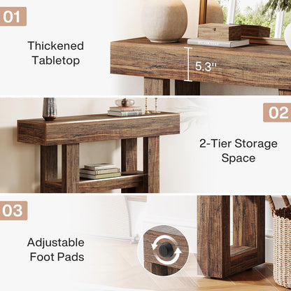 41.34-Inch Farmhouse Console Table, 2-Tier Narrow Sofa Table behind the Couch, Entryway Furniture with Storage Shelves for Hallway Foyer Living Room, Light Brown