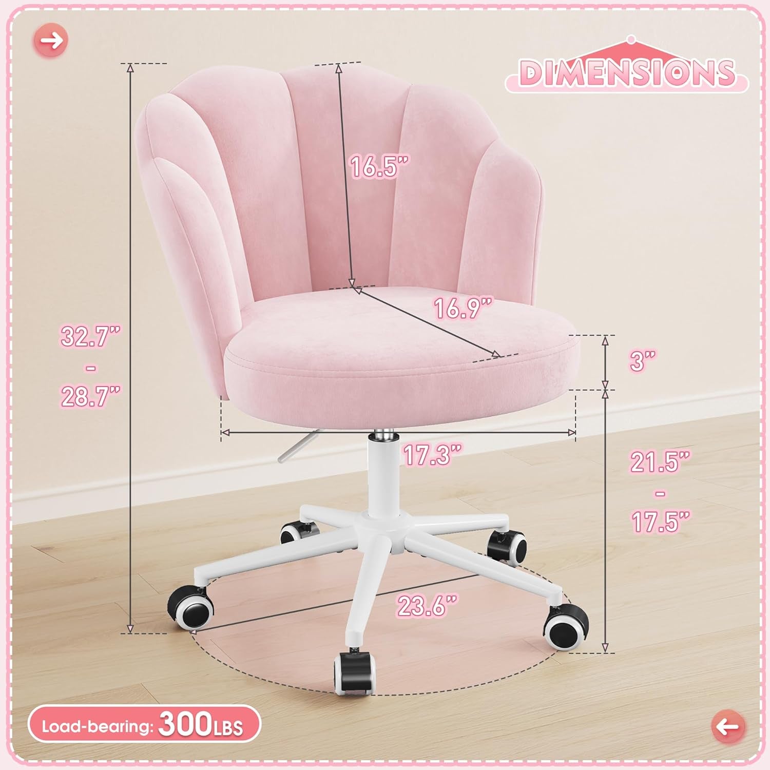 Office Vanity Chair with Wheels, Comfy Desk Chair with Back, Armless Home Office Desk Chair Hight Adjustable & 360° Swivel, Makeup Task Chair for Bedroom, Study Room, Blush Pink