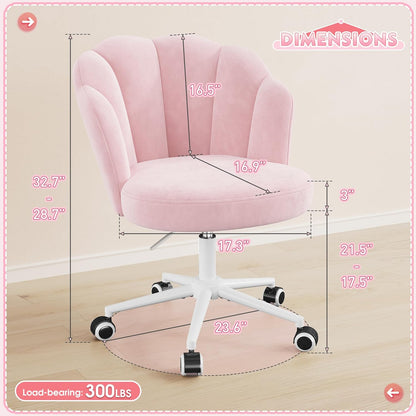 Office Vanity Chair with Wheels, Comfy Desk Chair with Back, Armless Home Office Desk Chair Hight Adjustable & 360° Swivel, Makeup Task Chair for Bedroom, Study Room, Blush Pink