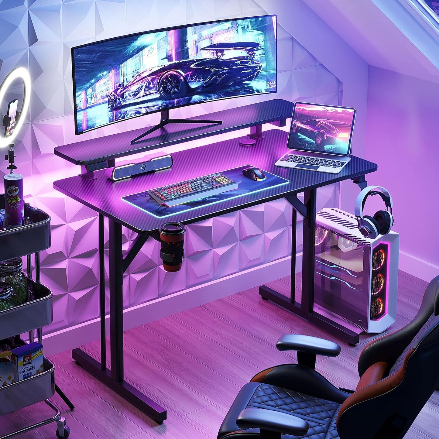 32 Inch Small Gaming Desk with LED Lights, Computer Desk Gaming Table with Monitor Shelf, Gamer Desk with Carbon Fiber Texture, Kids Boys Desk Gift for Men