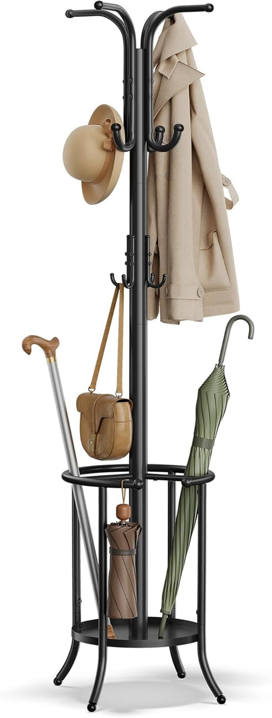 Coat Rack Freestanding, Coat Rack with Umbrella Holder with 12 Hooks, for Entryway, Hallway, Living Room, Bedroom, Ink Black URCR011B01