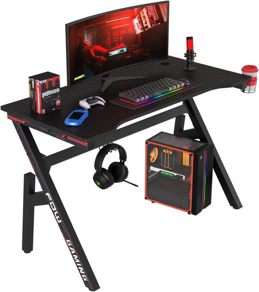| 47" Gaming Desk | Red | Carbon Fiber Textured Computer Desk | Sturdy Steel Frame, Cup Holder, Headphone Hook, Cable Management Holes, Adjustable Leg Pads | for Gamers, Home, Office