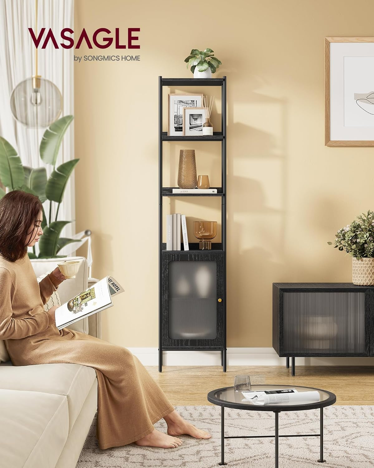 6-Tier Bookcase, Slim Bookshelf with PC Door, Freestanding Storage Shelf with Metal Frame, Adjustable Shelf, for Living Room, Ebony Black and Matte Black ULLS123B56