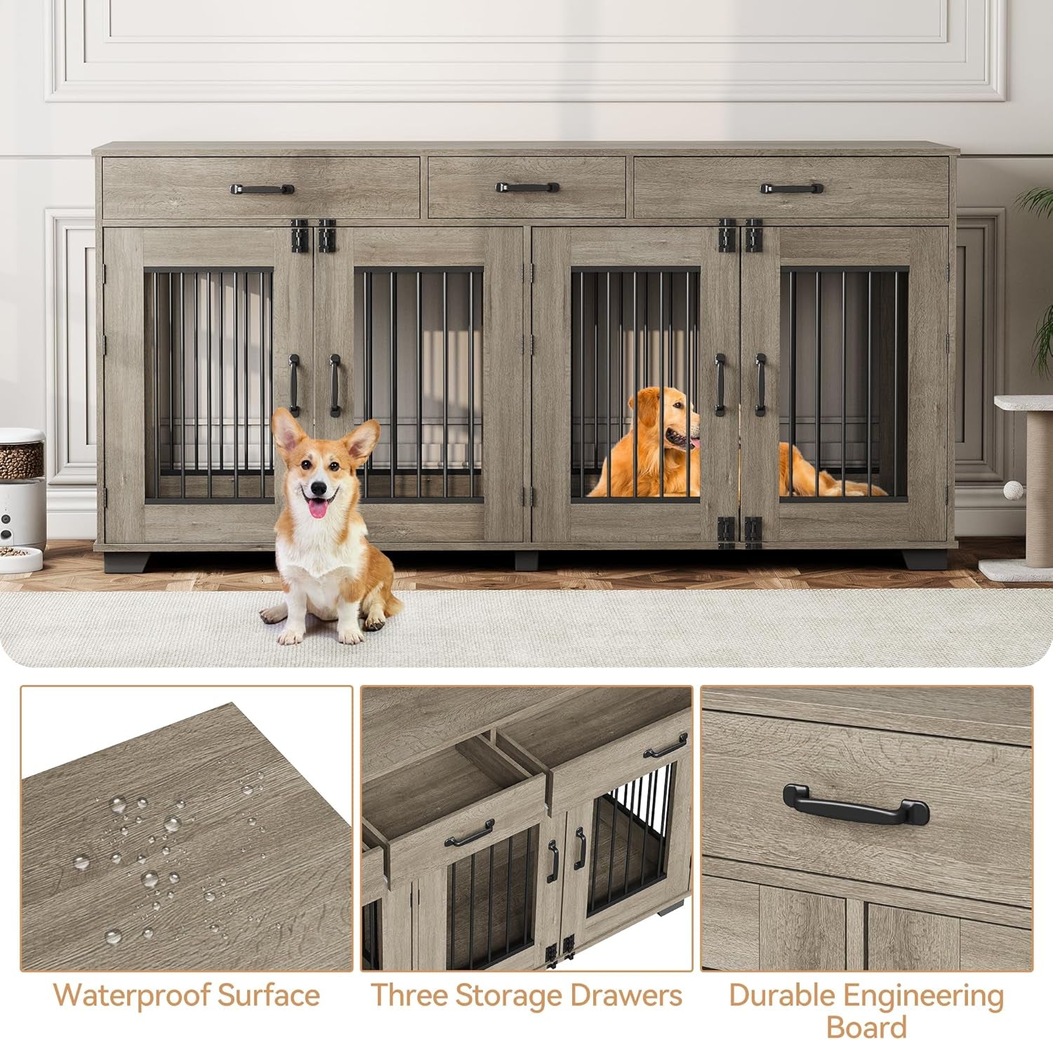 71 in Dog Crate Furniture for 2 Dogs, Wooden Double Dog Crate with 3 Drawers and Removable Room Divider, XXL Indoor Dog Kennel TV Stand End Table with Double Doors for Large Medium Dogs, Grey