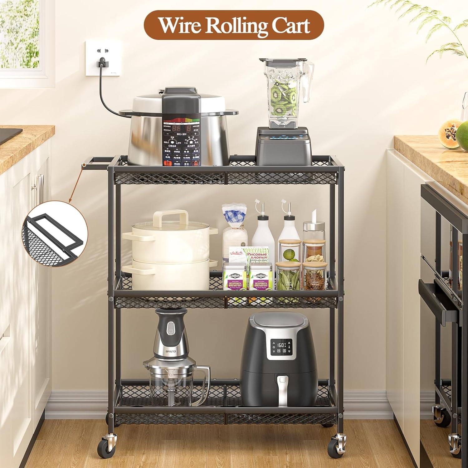 3 Tier Rolling Utility Kitchen Cart, Heavy Duty Wire Rolling Cart on Wheels, Commercial Metal Serving Carts with Handle, Kitchen Island Plant Shelf Food Storage Trolley for Laundry, Office, Garage