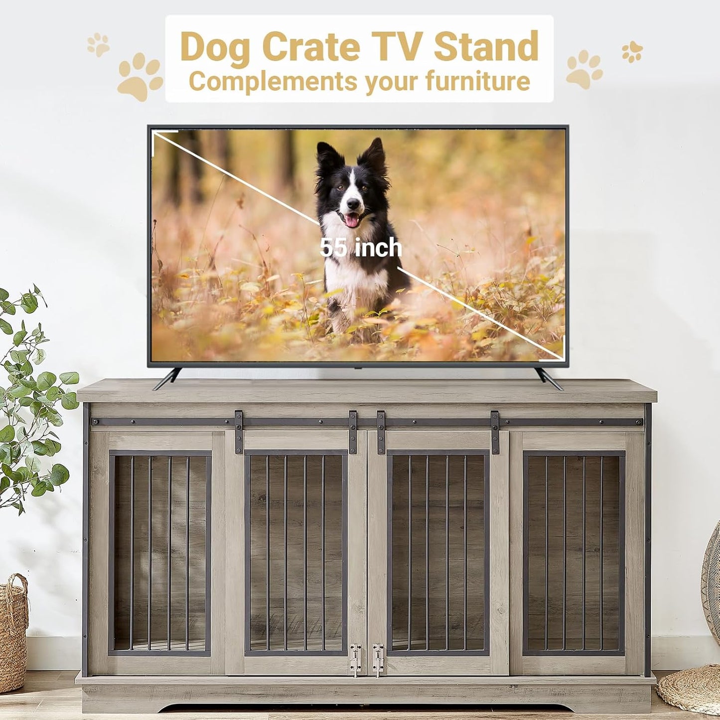 75'' Double Dog Crate Furniture for 2 Large Dogs, Heavy Duty Furniture Style Dog Kennel End Table, Wood Crates for Dogs Kennel Indoor Double Door, Brown