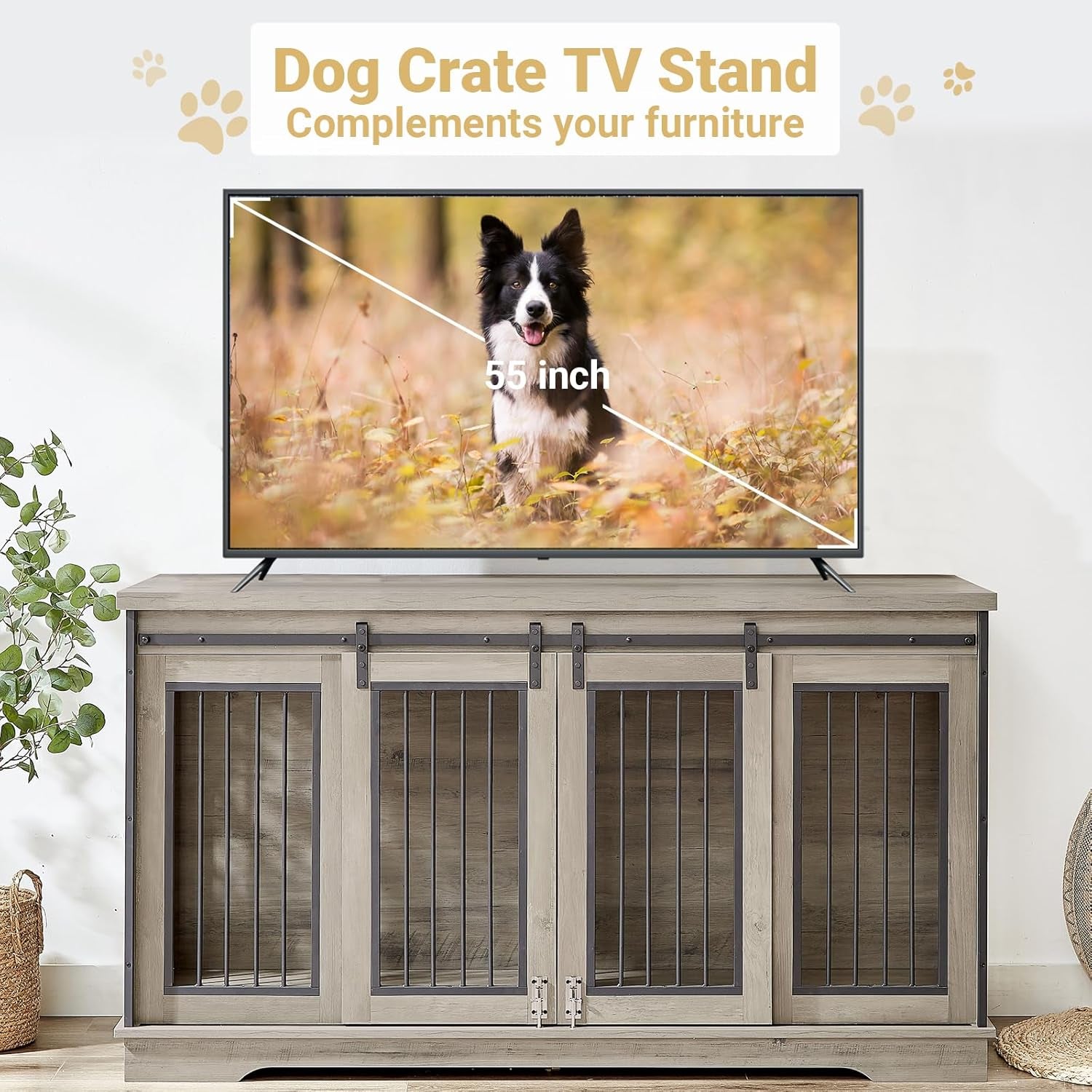 78 Double Dog Crate Furniture for 2 Large Dogs Indoor, Wooden Furniture Dog Crates with Dog Bowl, Dog Kennel Furniture TV Stand Large Breed Grey