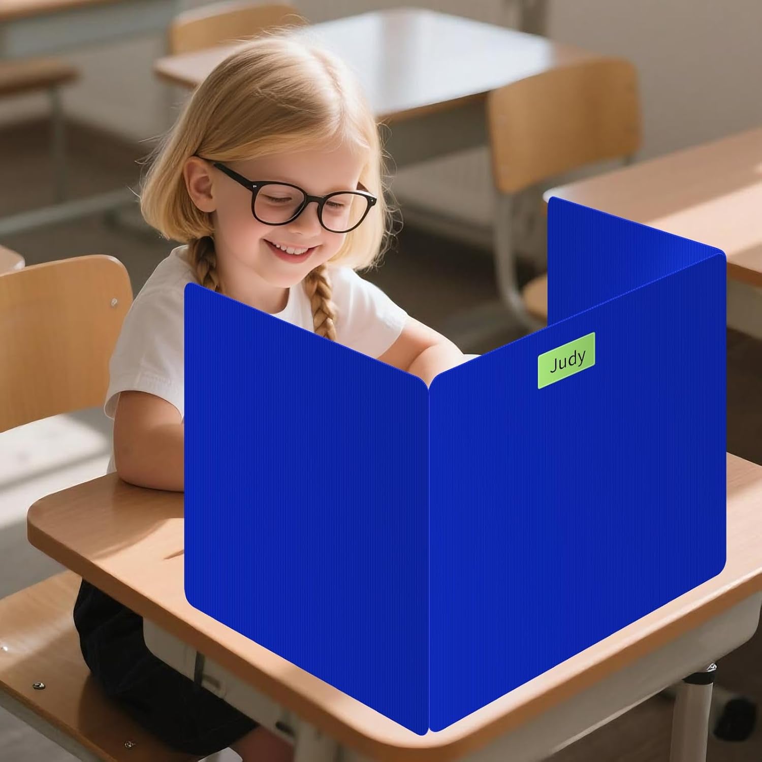 6 Pack Blue Desk Dividers for Students, Privacy Shields Folder for Students, Durable & Waterproof Plastic Study Board, Classroom Teacher Supplies Test Divider, Includes Extra Labels