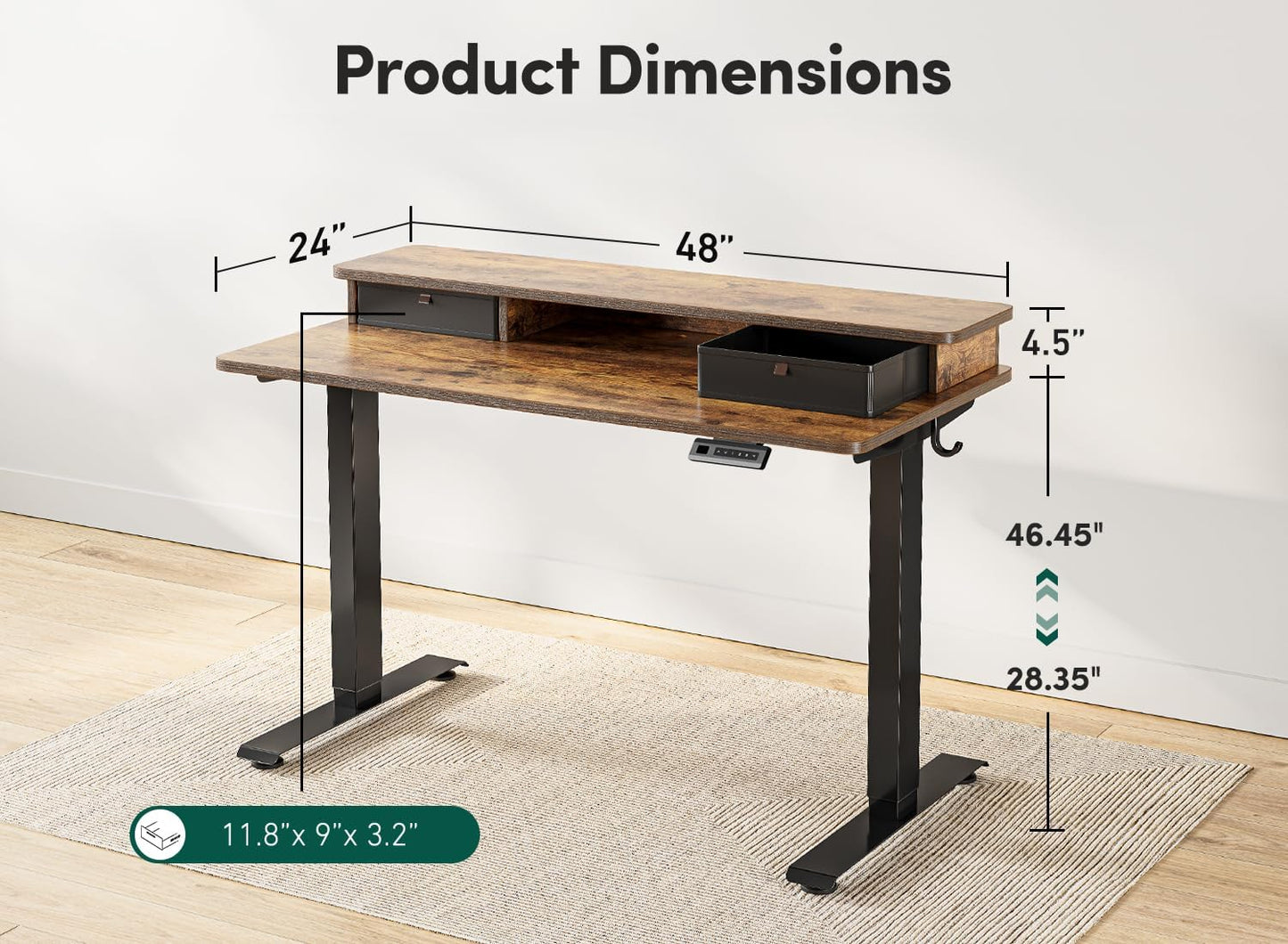 48 X 24 Inch Height Adjustable Electric Standing Desk with Double Drawer, Stand up Table with Storage Shelf, Sit Stand Desk, Rustic Brown