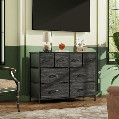 Dresser for Bedroom with 8 Drawers, Wide Fabric Dresser for Storage and Organization, Bedroom Dressers, Chest of Drawers for Living Room, Closet, Hallway, Charcoal Black Wood Grain Print