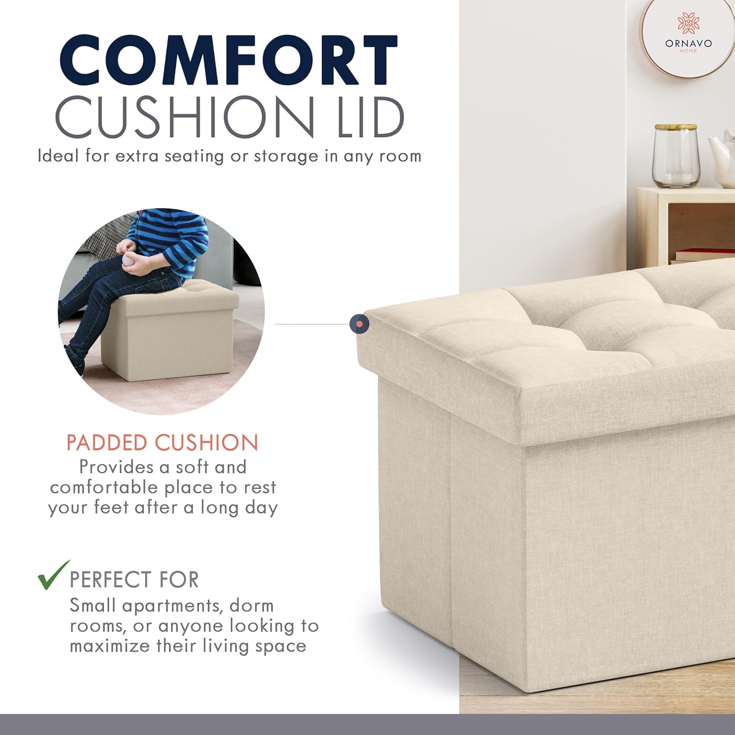 Small Storage Ottoman Foldable Collapsible Rectangle Linen Ottoman Foot Rest Stool Seat, for Living Room, Bedroom, Home Office, Dorm - 12 X 16 X 12, Beige