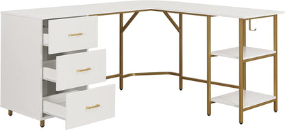 L Shaped Desk - Two-Toned Computer Desk with Drawers & Storage Shelves - Simple Modern Furniture & Home Office Space Corner Table for Work & Writing