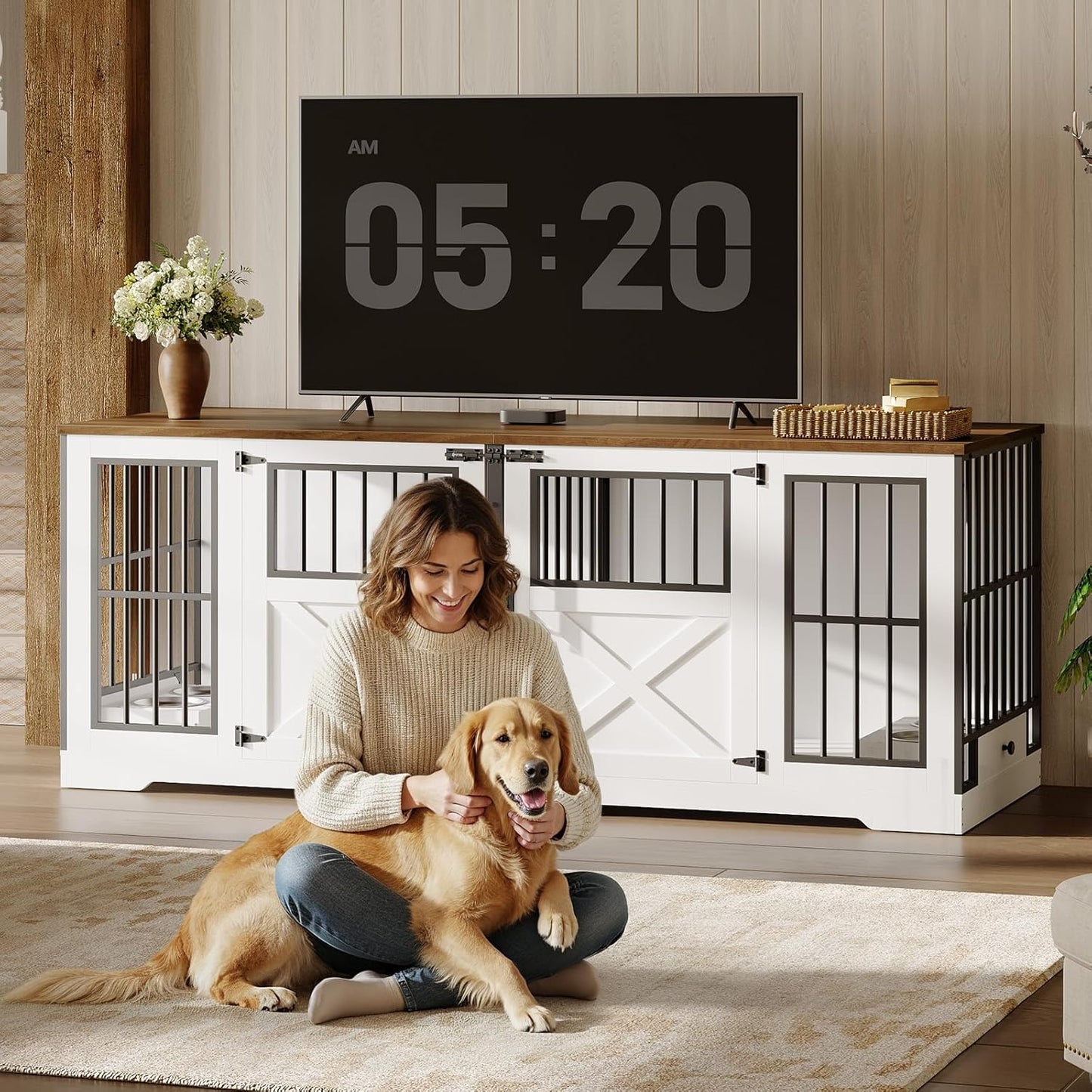 72'' Dog Crate Furniture for 2 Dogs, Extra Large Farmhouse Dog Kennel with Removable Divider, Pull-Out Dog Bowls, Heavy Duty Dog Crate TV Stand, White and Walnut BWH82GW03