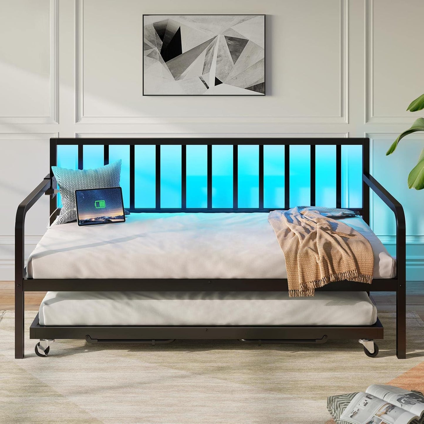 Daybed with Charging Station and LED Lights, Height Adjustable Twin Daybed with Trundle, Metal Sofa Bed Frame with Steel Slat Support for Living Room, Bedroom and Guest Room, Black