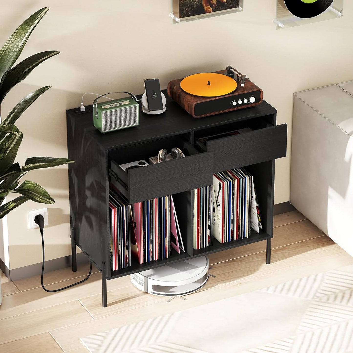 Large Record Player Stand with Charging Station, Mid Century Wood Turntable Stand with 2 Storage Drawers & Compartments, Vinyl Record Storage for Living Room (Black)