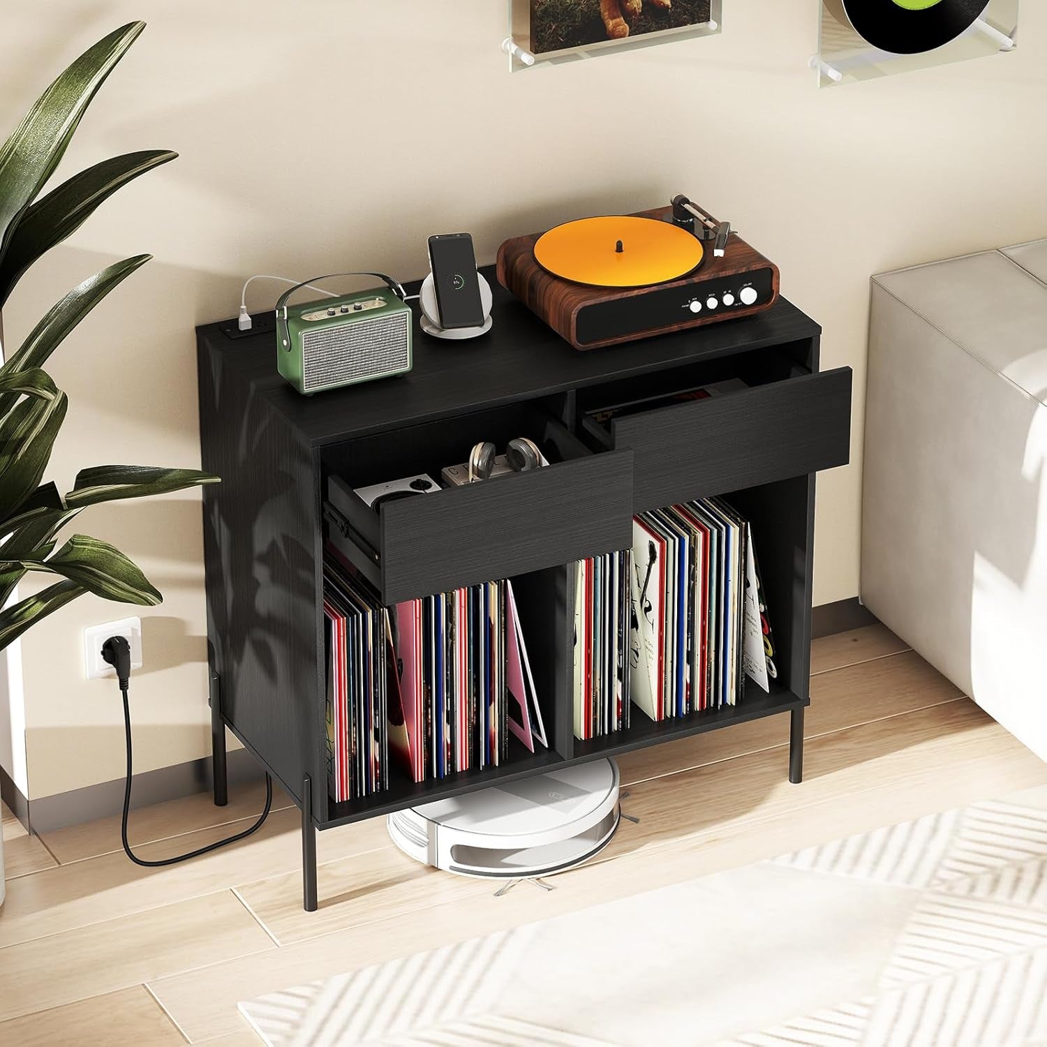 Large Record Player Stand with Charging Station, Mid Century Wood Turntable Stand with 2 Storage Drawers & Compartments, Vinyl Record Storage for Living Room (Black)