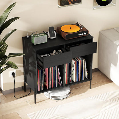 Large Record Player Stand with Charging Station, Mid Century Wood Turntable Stand with 2 Storage Drawers & Compartments, Vinyl Record Storage for Living Room (Black)