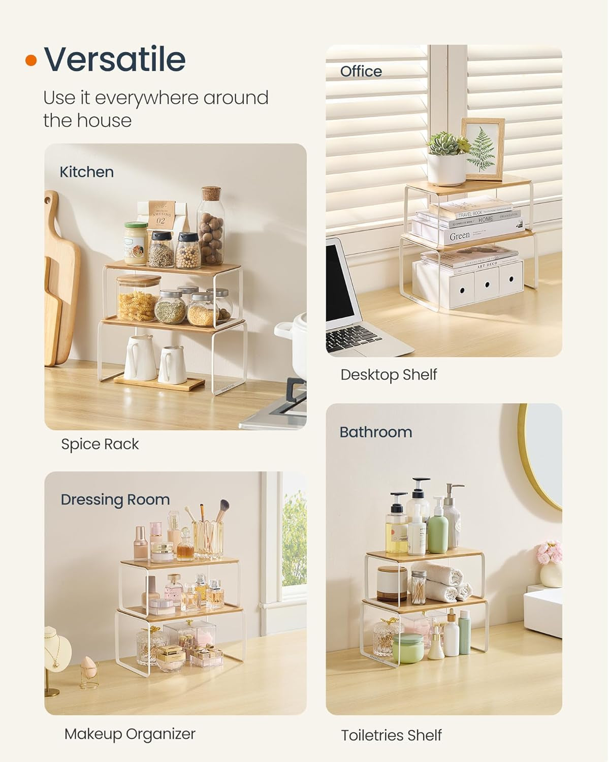 HOME Cabinet Organizer Shelf, Set of 2 Kitchen Counter Shelves, Kitchen Storage, Spice Rack, Stackable, Expandable, Metal and Bamboo, Light Bamboo UKCS050N01