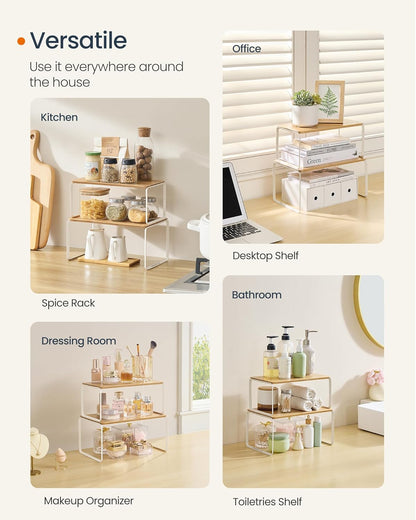 Cabinet Organizer Shelf, Set of 2 Kitchen Counter Shelves, Kitchen Storage, Spice Rack, Stackable, Expandable, Metal and Bamboo, Light Bamboo UKCS050N01