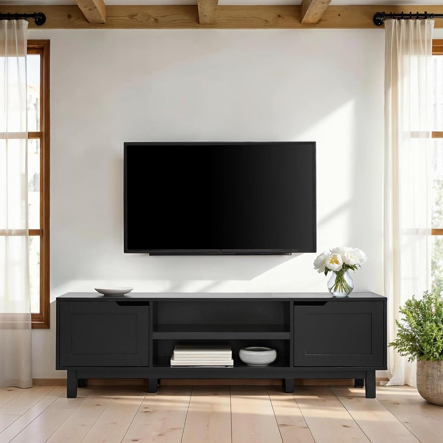 Tage Modern Pull-Open Door Low TV Stand for Tvs up to 65 Inches, 58 Inch, Solid Black