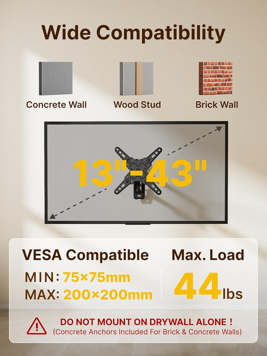 Full Motion TV Wall Mount Bracket for Most 13-43 Inch LED LCD Flat Screen Tvs & Monitors, Swivel Tilt Extension Rotation with Articulating Arms, TV Mount Max VESA 200X200Mm, up to 44Lbs