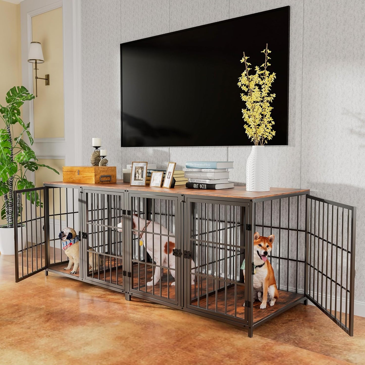 Heavy Duty Dog Crate Furniture: 35Inch Indoor Unlimited Connected Wood Pet Cage with Removable Divider - End Table Style Puppy Kennel with Double Rooms and 4 Doors for Small Medium Dogs