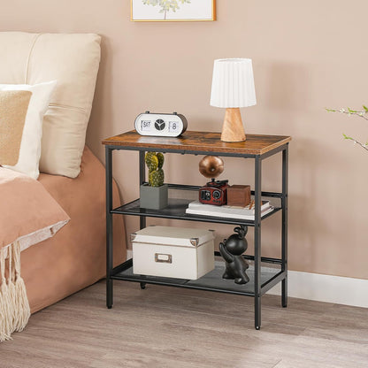 End Table, 3-Tier Narrow Side Table, Nightstand with 2 Flat or Slant Adjustable Shelves for Small Spaces, Hallway, Living Room, Bedroom, Sturdy, Easy Assembly, Rustic Brown and Black BF23BZ01G1