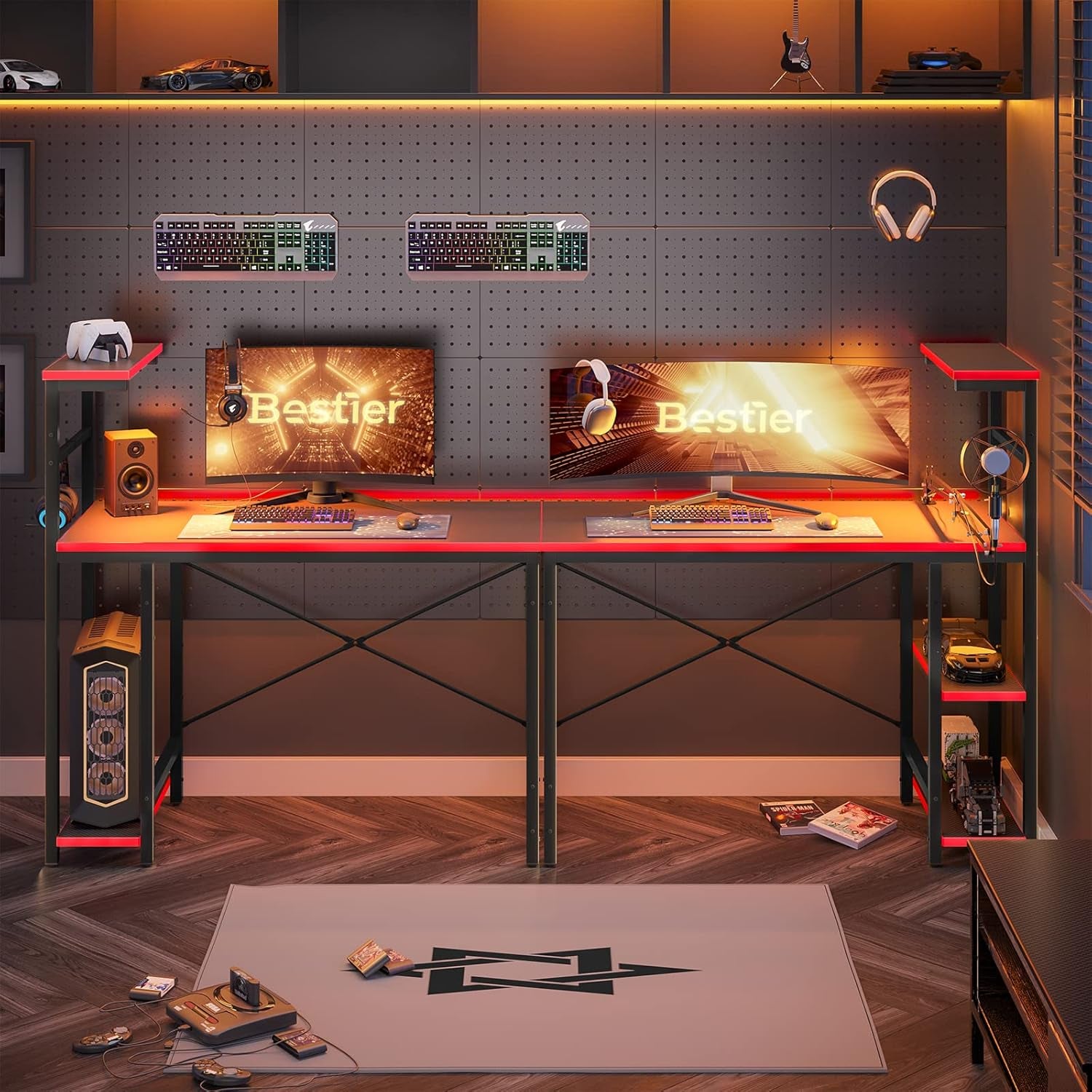 Gaming Desk with LED Lights, 44 Inch PC Gamer Desk for Small Spaces, Computer Desk with Reversible Storage Shelves & Side Storage Bag (Black 3D Carbon Fiber)