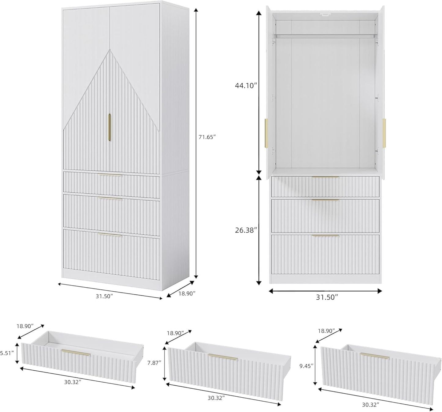 71.7" Wardrobe Armoire Wooden Closet with 2 Doors and 3 Drawers, Bedroom Armoire with Hanging Rod Shelf, Large Capacity Storage Wardrobe Armoire, Freestanding Wooden Closet Storage Cabinet White
