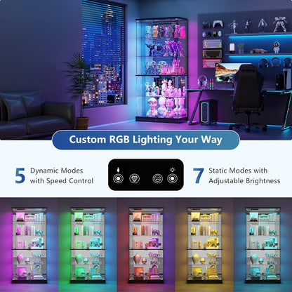 Glass Display Cabinet with RGB Lights - 5-Tiers Curio Cabinet Display Case with Lock, Frameless Tall Showcase Display Shelf for Collectibles & Legos, Living Room Bookcase Storage Cabinet (Black)