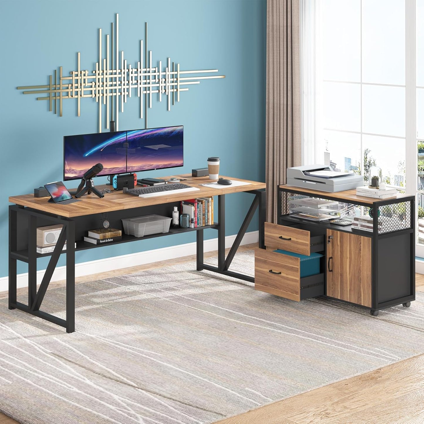 63" Executive with Drawer Cabinet, L Shaped Desk and Lock Lateral File Cabinet, 2 Piece Home Office Furniture Set with Drawers for Hanging File, (Brown, 63 Inches)