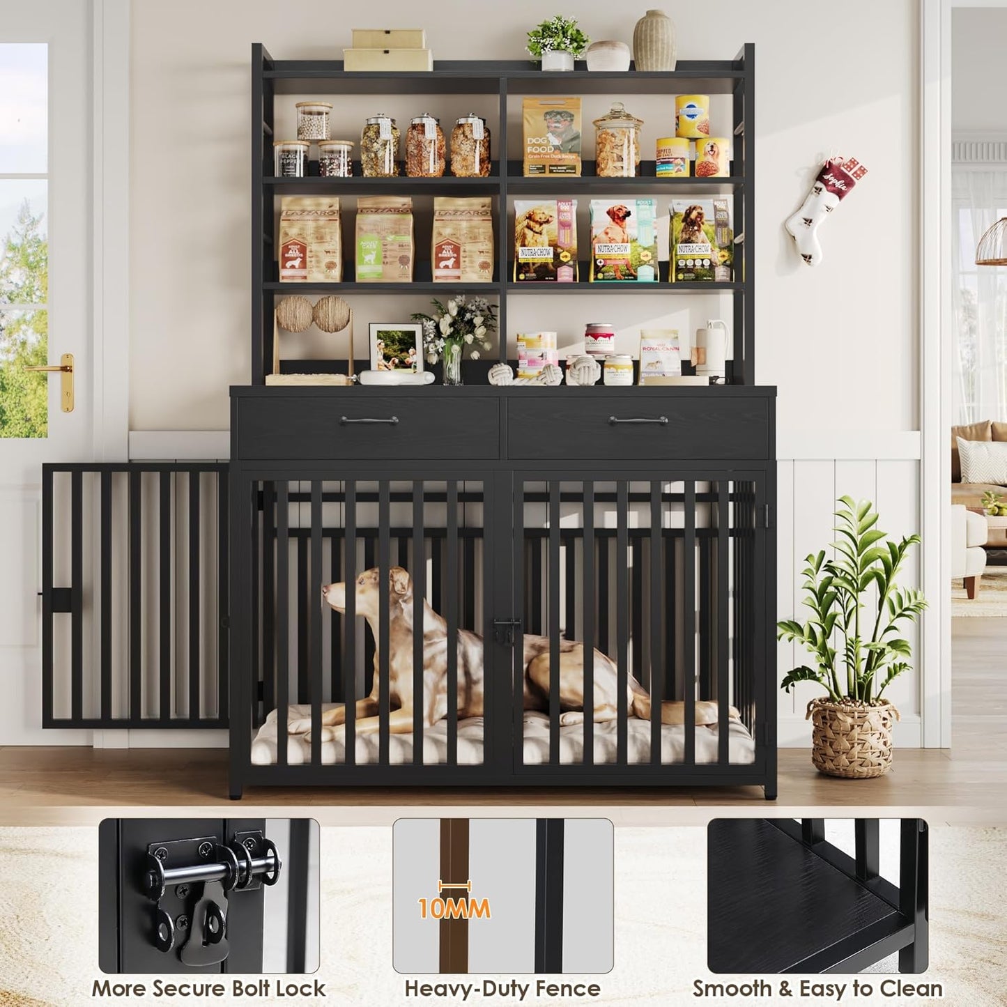 71''H X 47.2''W Large Dog Crate Furniture with 4-Tier Shelves and 2 Storage Drawers, Heavy Duty Dog Cage Furniture with 2 Doors, Wood & Metal Dog Kennel Indoor for Small/Medium/Large Dog, Black