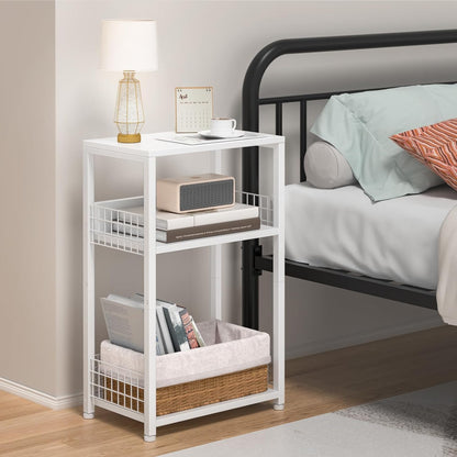White Side Table with Storage, Small End Table Printer Stand for Small Spaces, Record Player Stand with Vinyl Storage, Sofa Night Stands for Living Room Bedroom