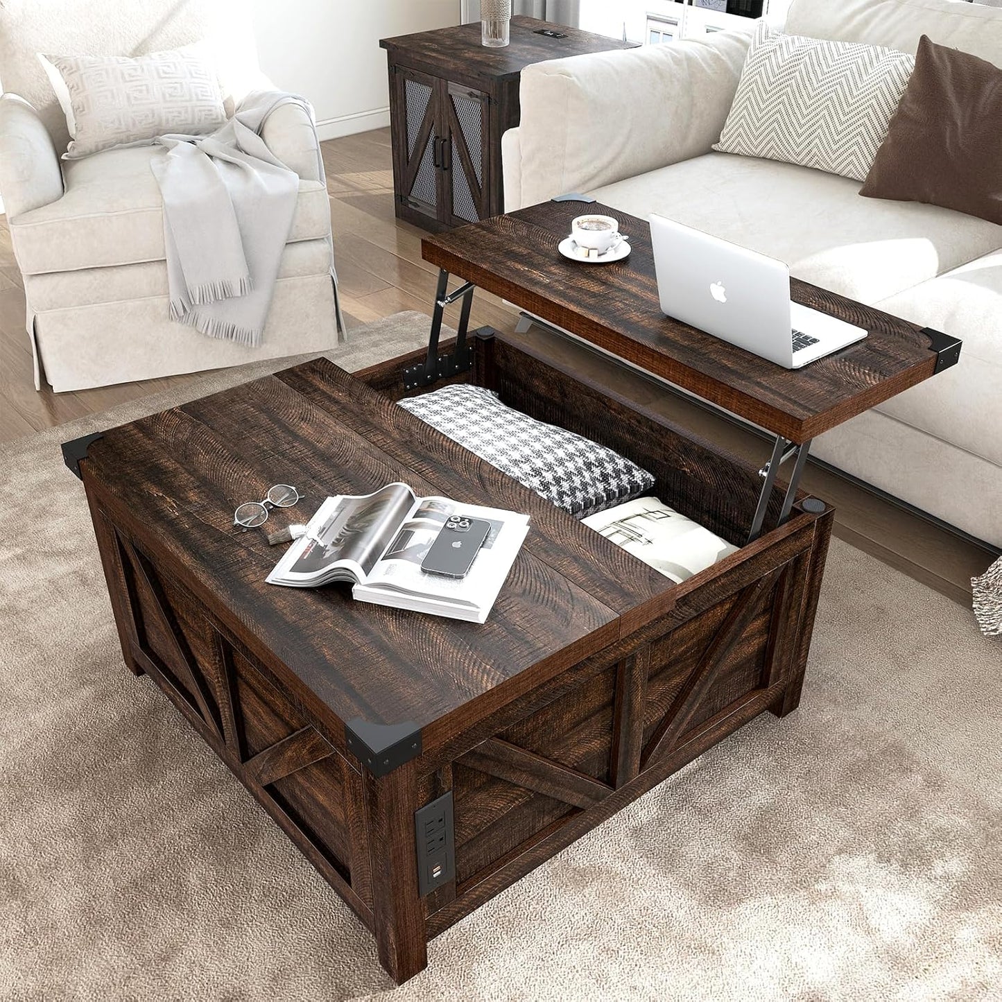 Farmhouse Lift Top Coffee Table with Storage, Wood Square Center Table with Charging Station&Usb Port, Living Room Table W/Large Hidden Space, for Living Room, Bedroom, Home Office, Brown