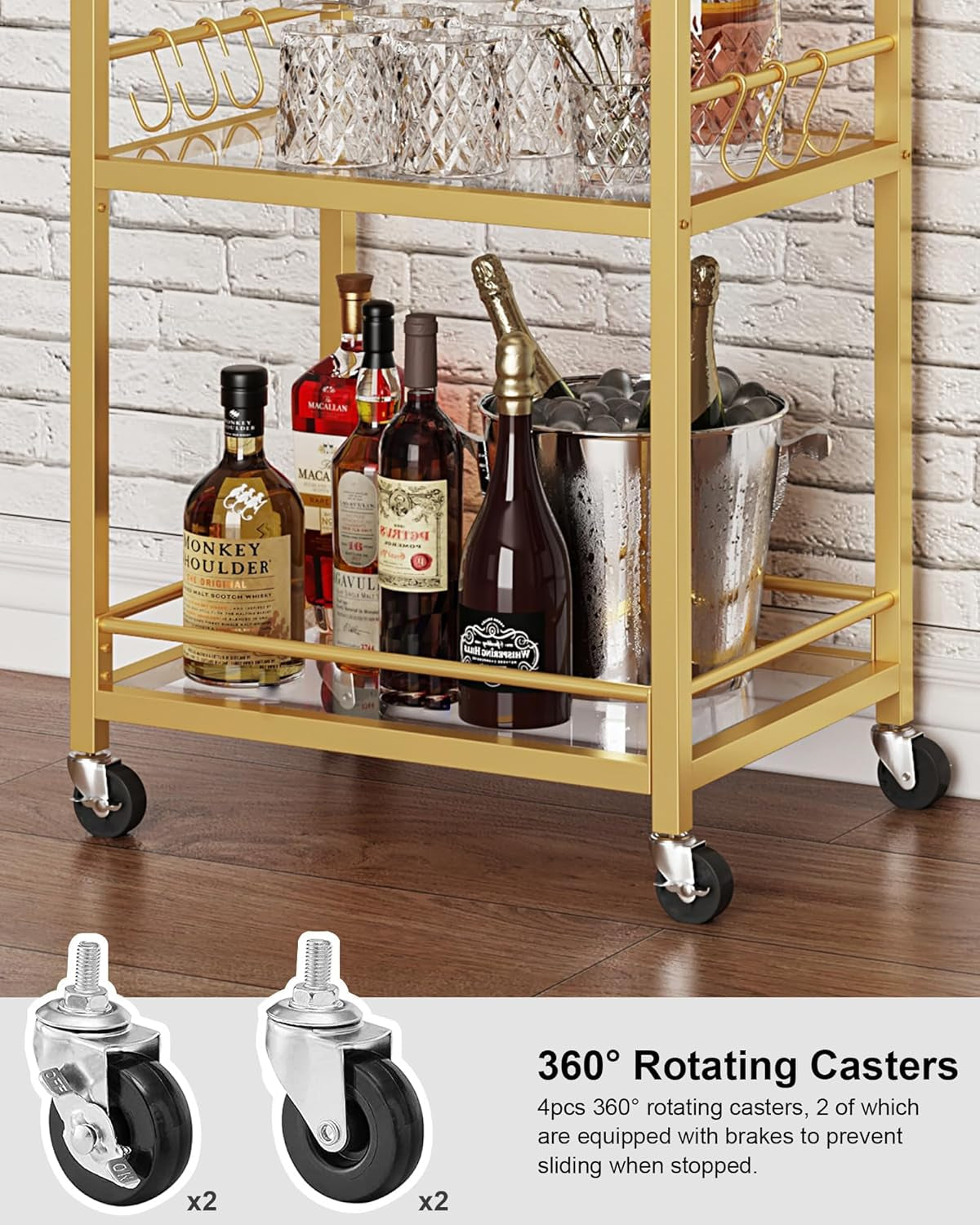 Bar Cart, Home Bar Serving Cart with 3-Tier Mirrored Shelf, Wine Cart, Mobile Kitchen Shelf, Gold BC01BB034