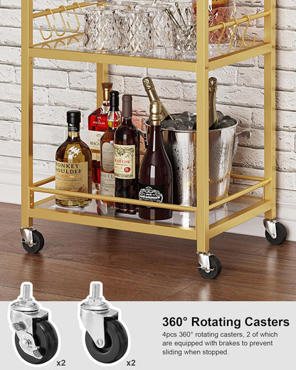 Bar Cart, Home Bar Serving Cart with 3-Tier Mirrored Shelf, Wine Cart, Mobile Kitchen Shelf, Gold BC01BB034