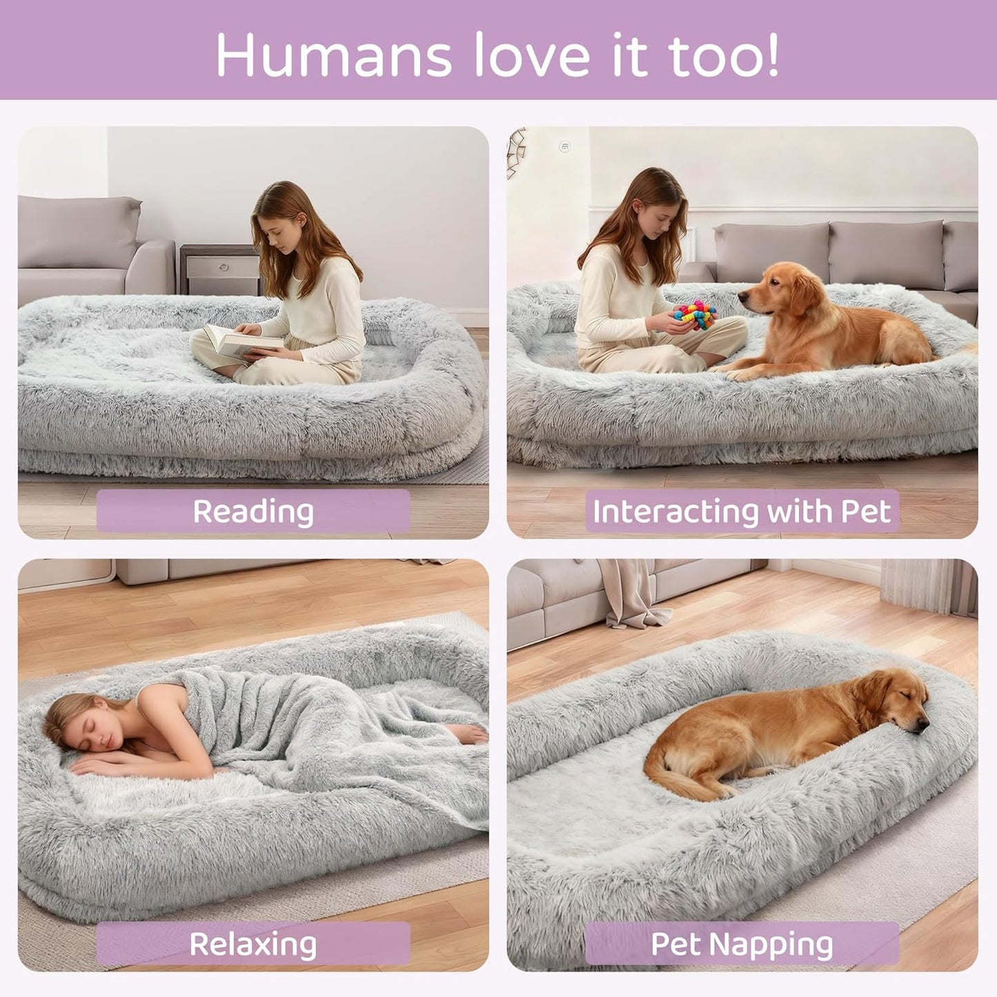 Human Dog Bed for Adults, 46 X 10 X 76 Long Human Size Dog Bed, Removable Cover, Orthopedic Design, Light Grey