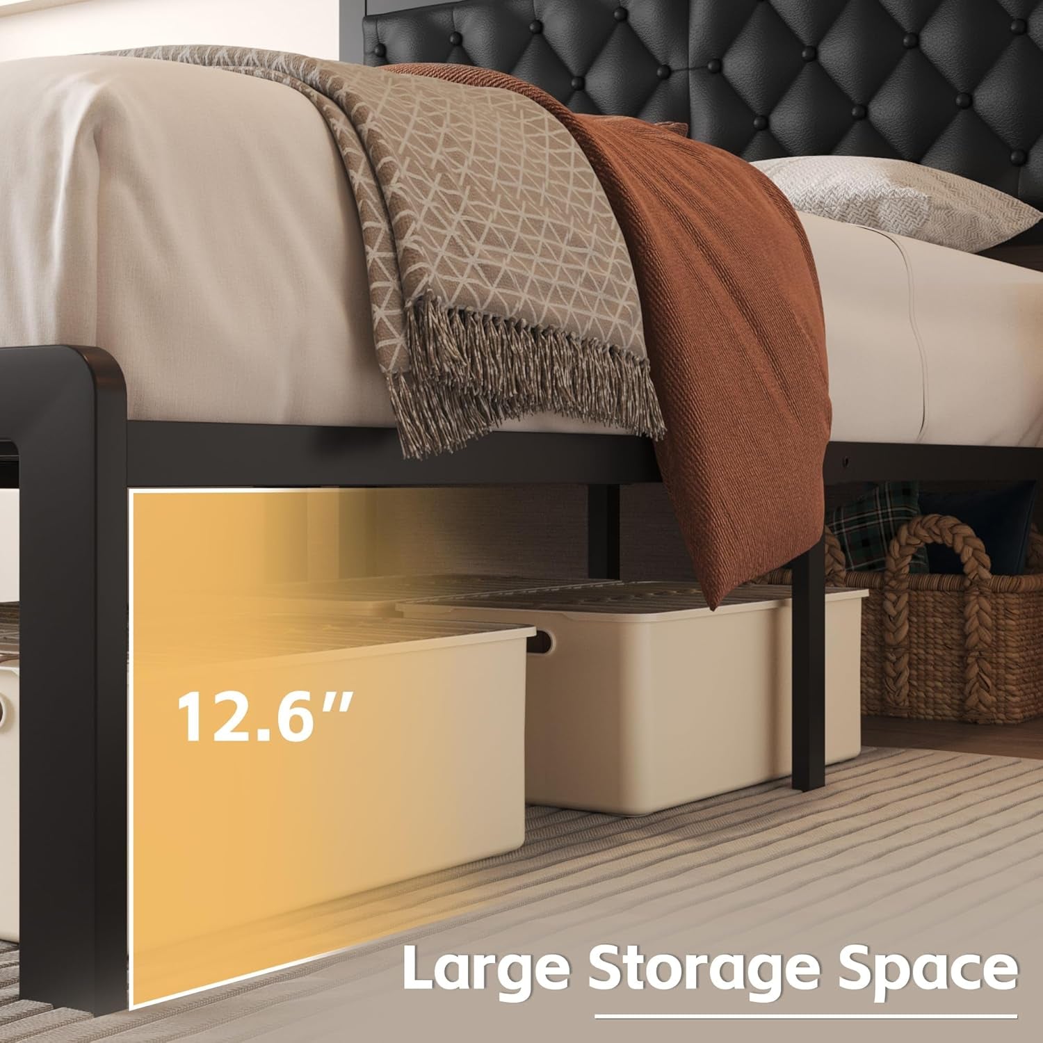 Queen Bed Frame with Headboard PU Leather Upholstered Bed Frame Platform,All Metal Slats Support Platform Bed Frame with Storage Space,Easy Assembly,Noise Free,No Box Spring Needed,Black