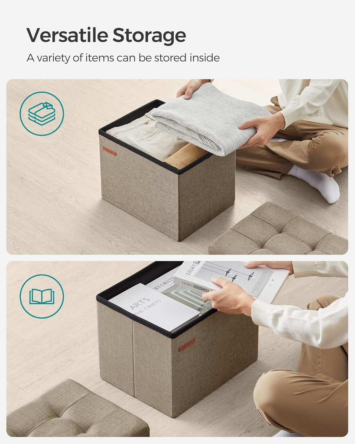 MAZIE Collection - Small Folding Storage Ottoman, Foot Rest Stool, 12.2 X 16.1 X 12.2 Inches, 286 Lb Load Capacity, for Living Room, Bedroom, Home Office, Dorm, Light Taupe ULSF102K01