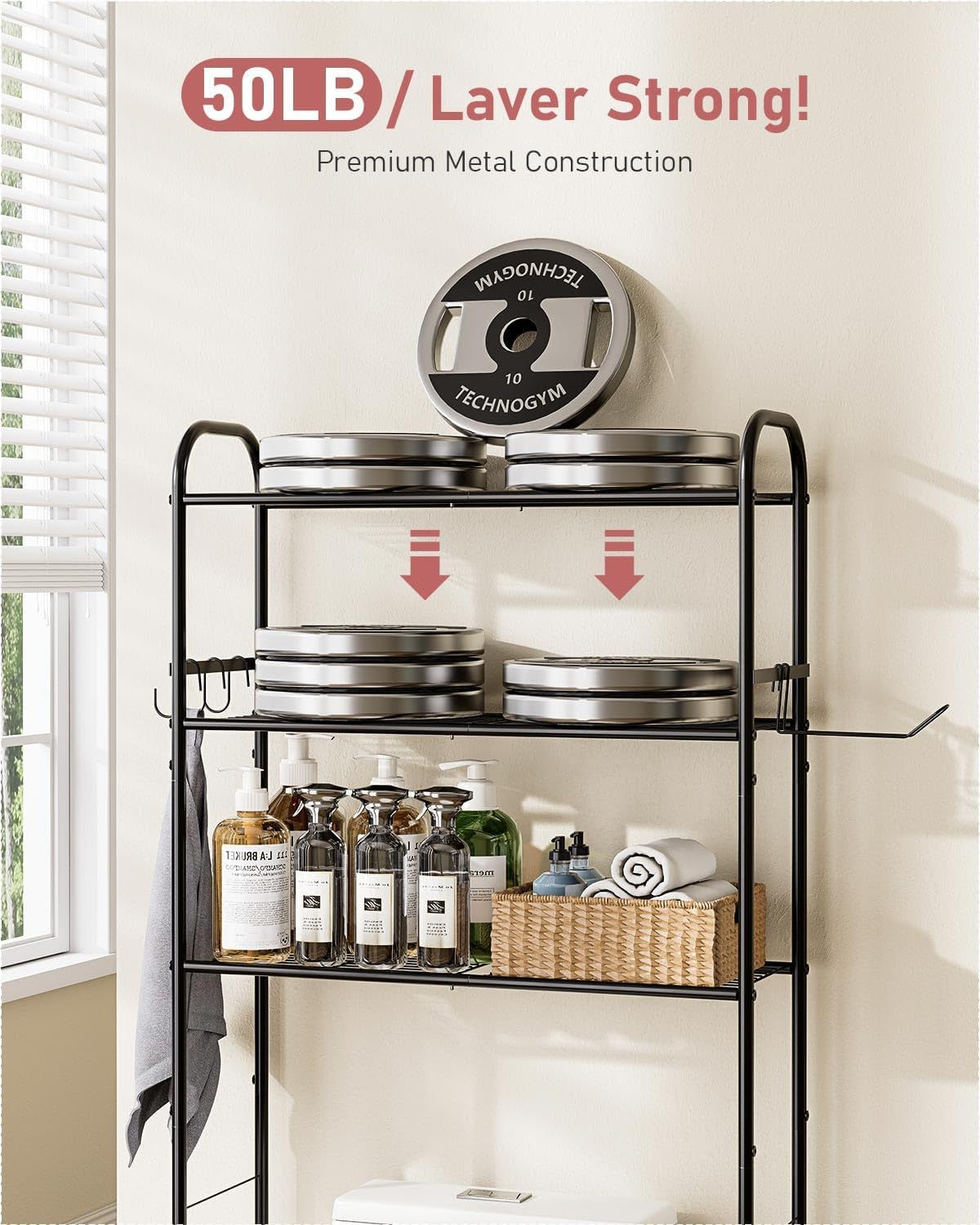 Over the Toilet Storage Rack, 3-Tier Metal Bathroom Organizer with Hooks, over the Toilet Storage Cabinet, Space Saver Shelf for Bathroom, Black, 23.6" X 13.0" X 63.4"