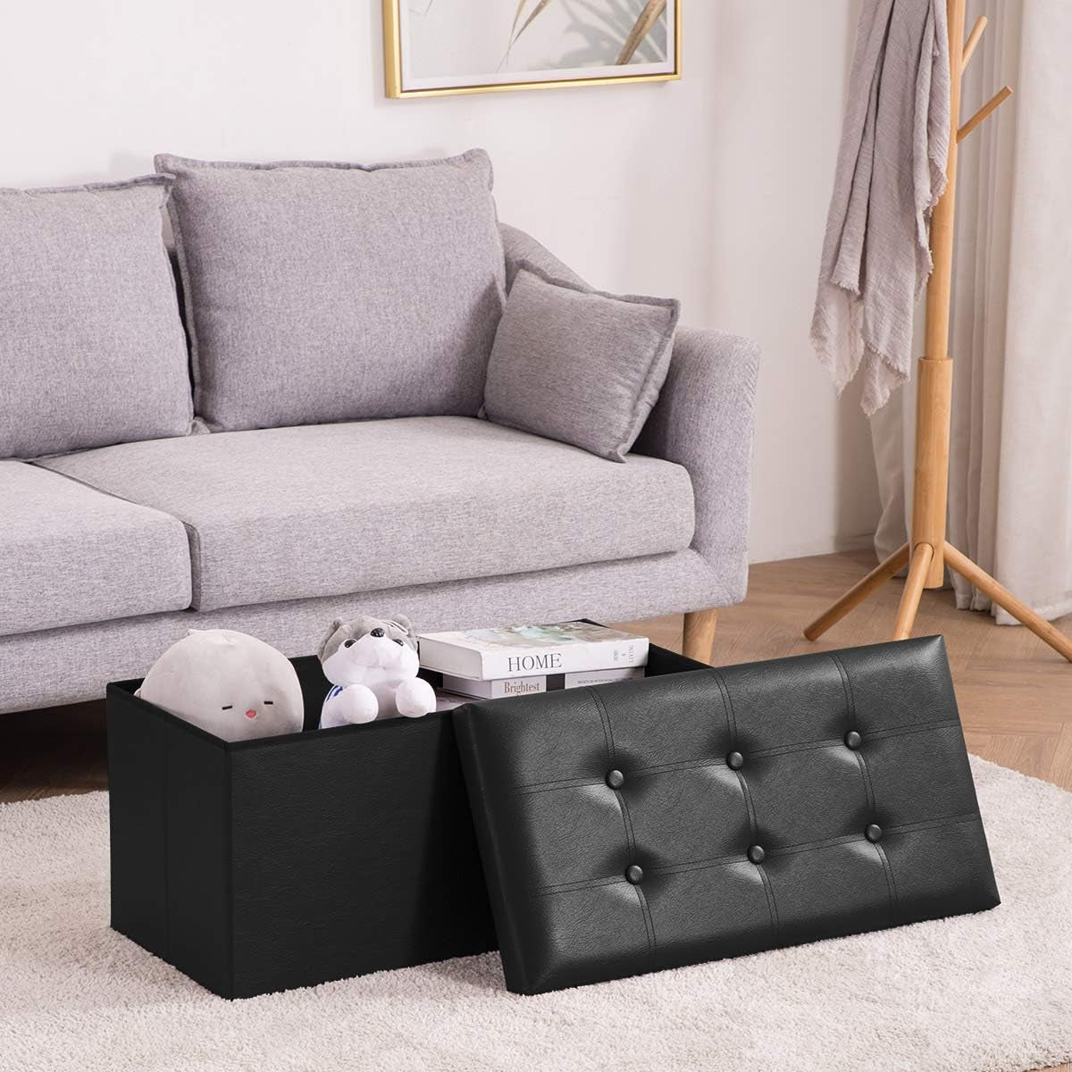 Folding Storage Ottoman Bench, Faux Leather Footrest Couch for Living Room, 30 Inch Storage Bench with Padded Seat for Bedroom Hallway, Holds up to 350Lbs, Black