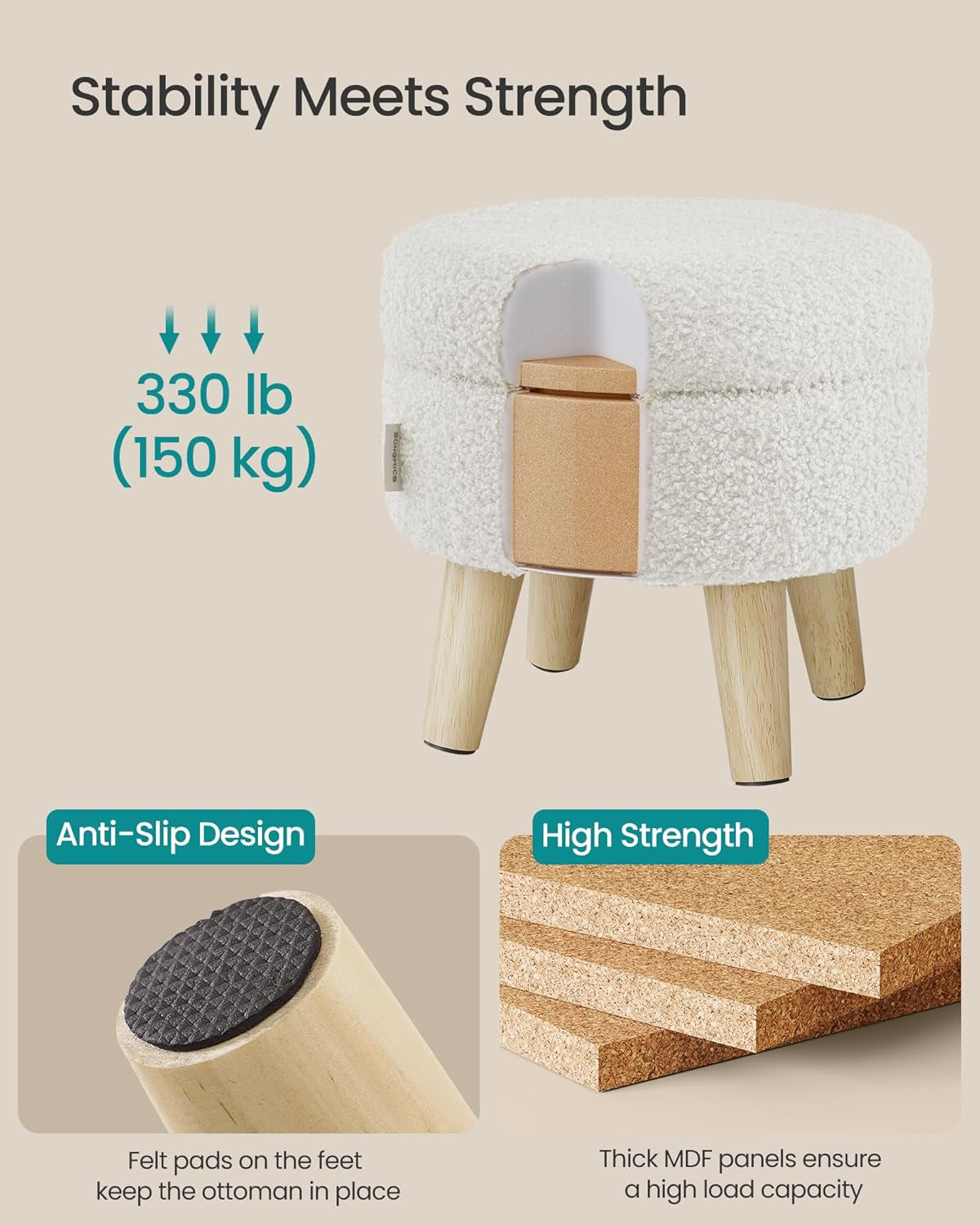 Storage Ottoman, Foot Stool, round Ottoman with Padded Seat, Foot Rest with Wood Legs, Small Table, for Hallway, Living Room, 12.2 Inches, Teddy Fleece, White ULOM515WD01