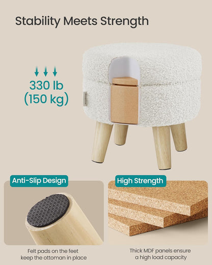 Storage Ottoman, Foot Stool, round Ottoman with Padded Seat, Foot Rest with Wood Legs, Small Table, for Hallway, Living Room, 12.2 Inches, Teddy Fleece, White ULOM515WD01