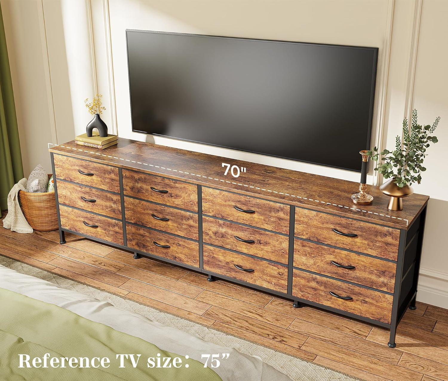 70 Inch Dresser for Bedroom, TV Stand for 65, 75, 80 Inch TV, 12 Fabric Drawer Long Dresser, Large Entertainment Center for Bedroom, Wide Chest of Drawer with Storage, Rustic Brown