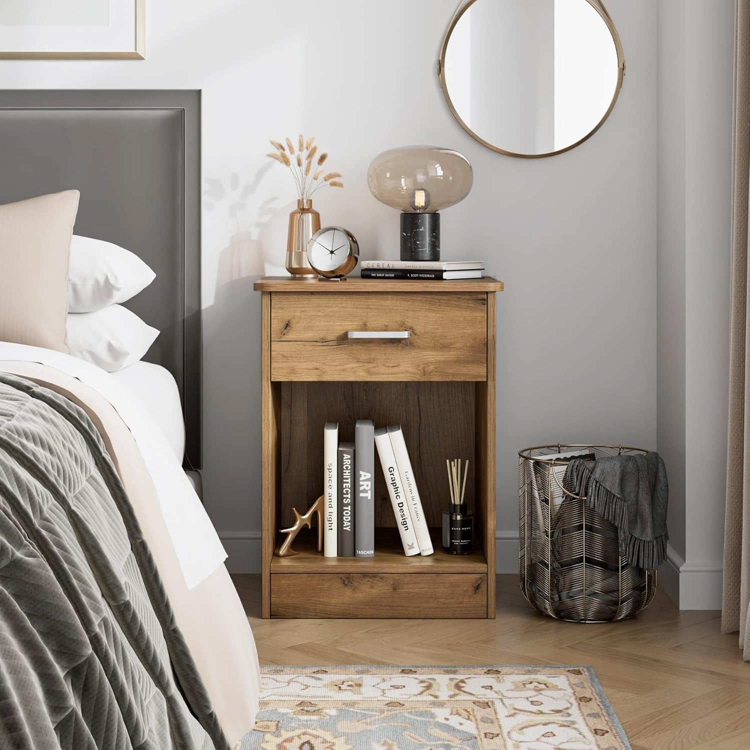 Nightstand Set of 2, 2-Tier Side Table with Drawer and Storage Shelf, Bedside Table End Table, Modern Night Stand for Bedroom, Home Office,Wooden Grain