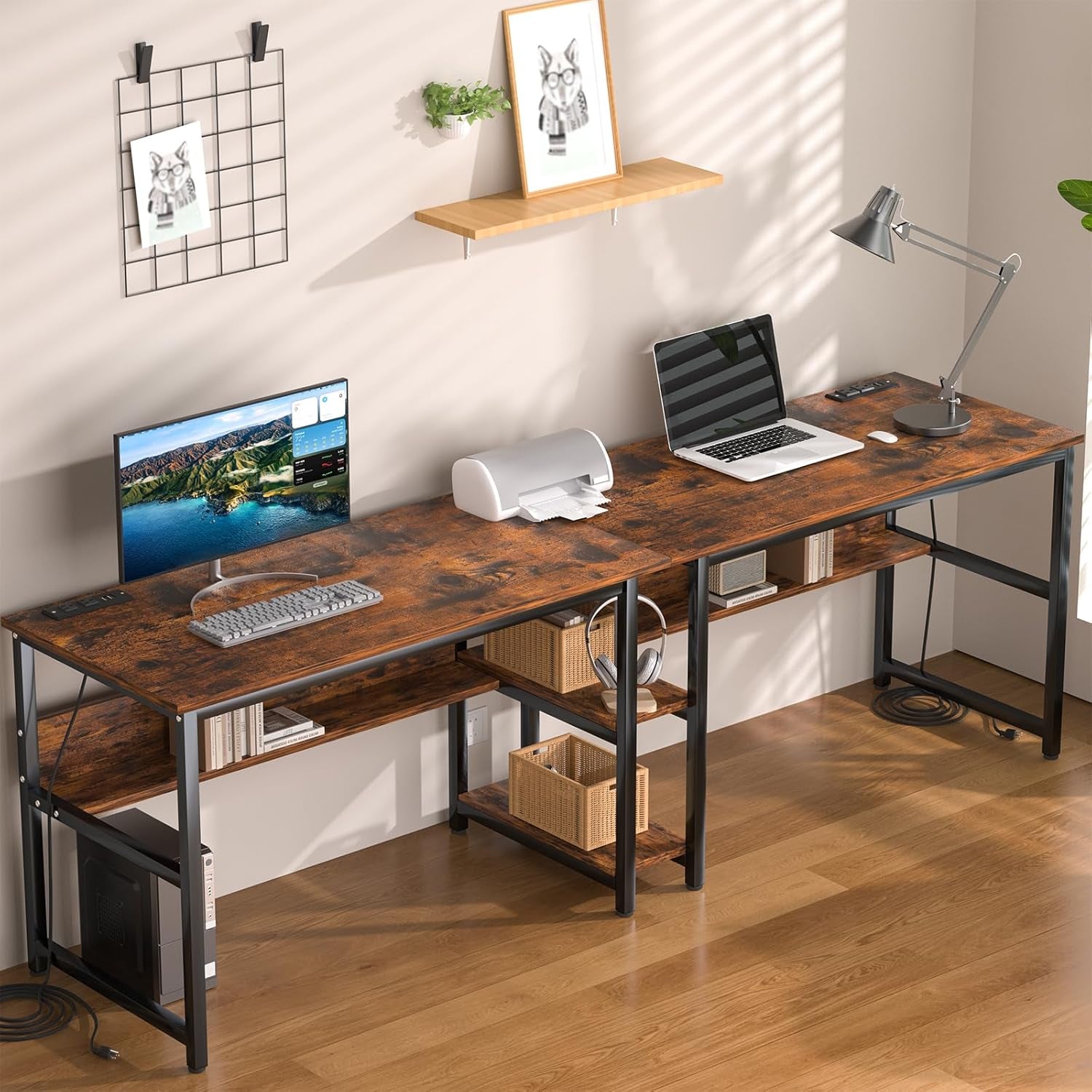 78.74" Two Person Desk with 2 Power Strips, Double Desk with Shelves, Long Computer Desk for Two People, Wood Writing Desk Workstation for Home Office, 23.62"D X 78.74"W X 29.52"H, Rustic Brown