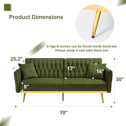 70” Velvet Futon Sofa Bed W/Adjustable Armrests & 2 Pillows, Convertible Futon Couch W/Adjustable Backrests, Modern Sleeper Bed for Living Room, Bedroom, Olive Green